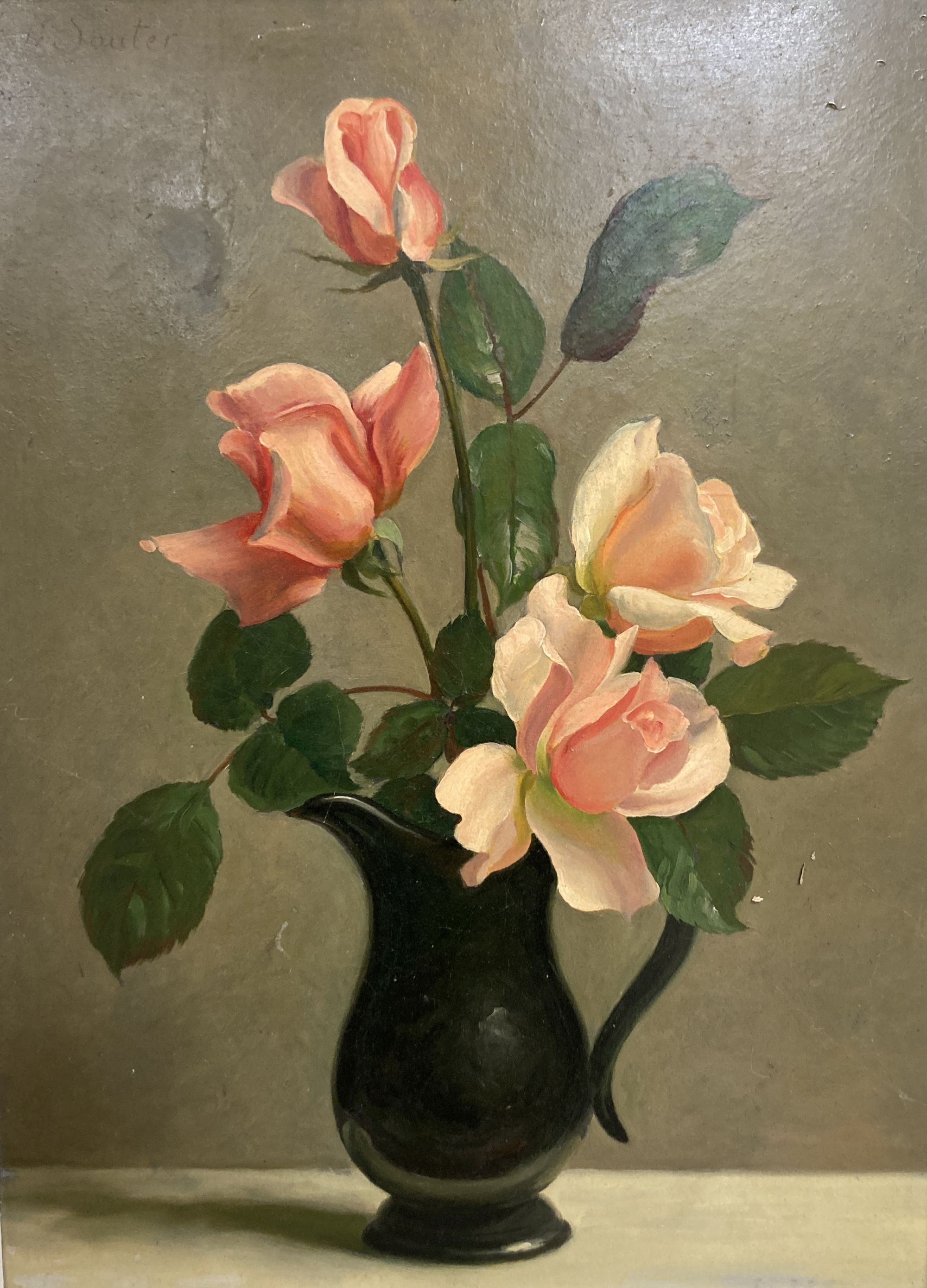 John Bulloch Souter, (1890 - 1972), oil on board, Still life of roses in a pewter jug, signed, Stacey Marks label verso